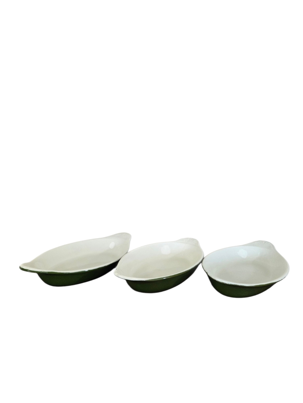 Hall Lot of 3 Vintage Olive Green White Au Gratin Casserole Dishes 528 bakeware